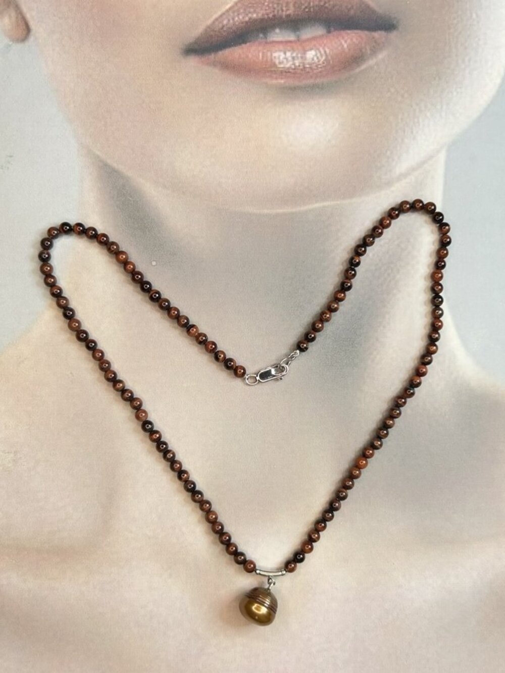 Red Burnt Tiger-Eye Beads and Ringed Freshwater Pearl Necklace.